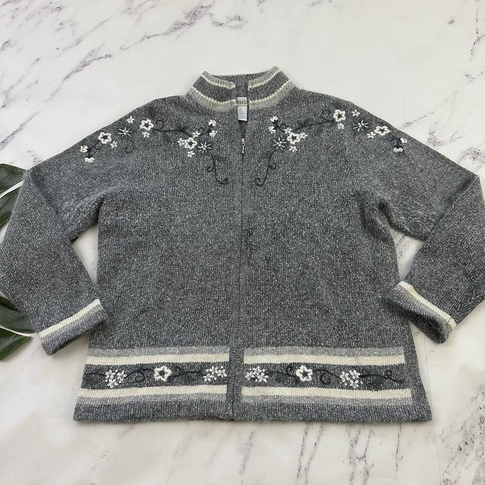 Dressbarn Womens Vintage 90s Cardigan Sweater Size L Gray Floral Angora Silk